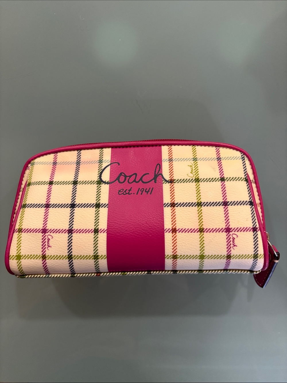 Coach Pink Plaid Zip Wallet with Cream & Green Accents